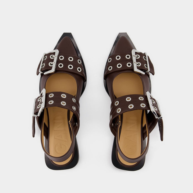 Feminine Buckle Ballerinas - Ganni - Synthetic Leather - Brown