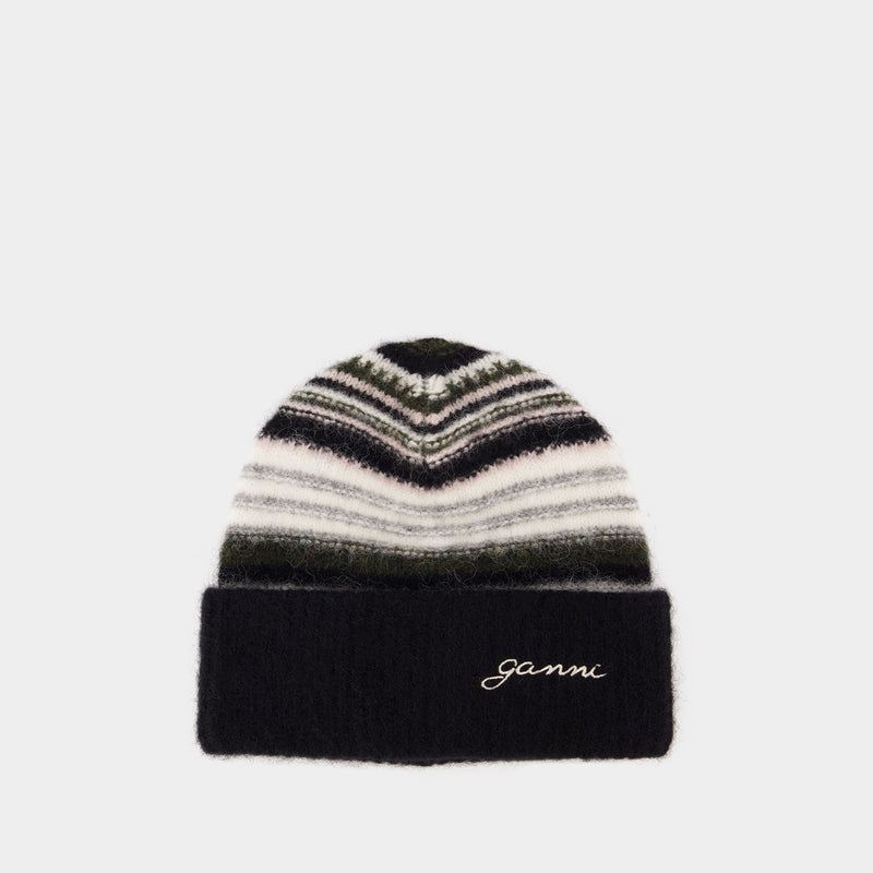 Striped Soft Beanie - Ganni - Wool - Black