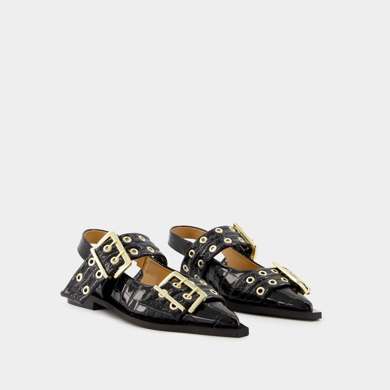 Feminine Buckle Ballerinas - Ganni - Synthetic Leather - Black