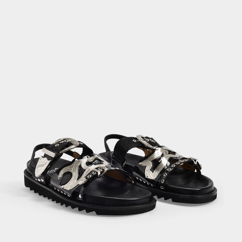 Flat Sandals in Black Leather with Metallic Straps