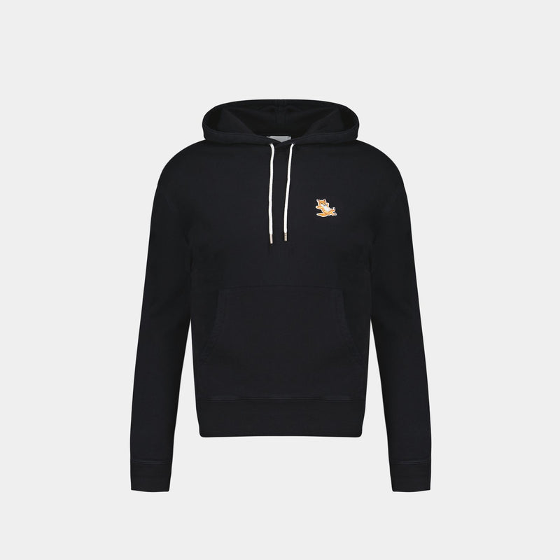 Chillax Fox Patch Classic Hoodie in Black Cotton