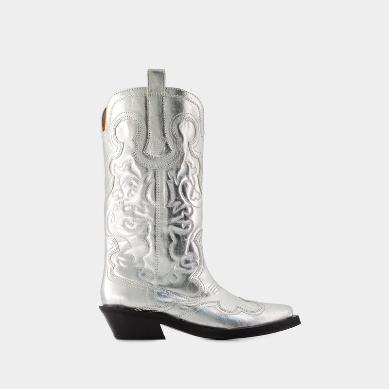 Mid Shaft Western Boots - Ganni - Synthetic - Silver