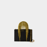 Midi Crystal Fringe Bag - Kara - Leather - Black/Gold