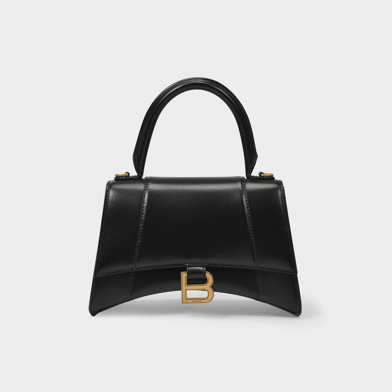 Hourglass Top Handle S Bag in Black Shiny Leather