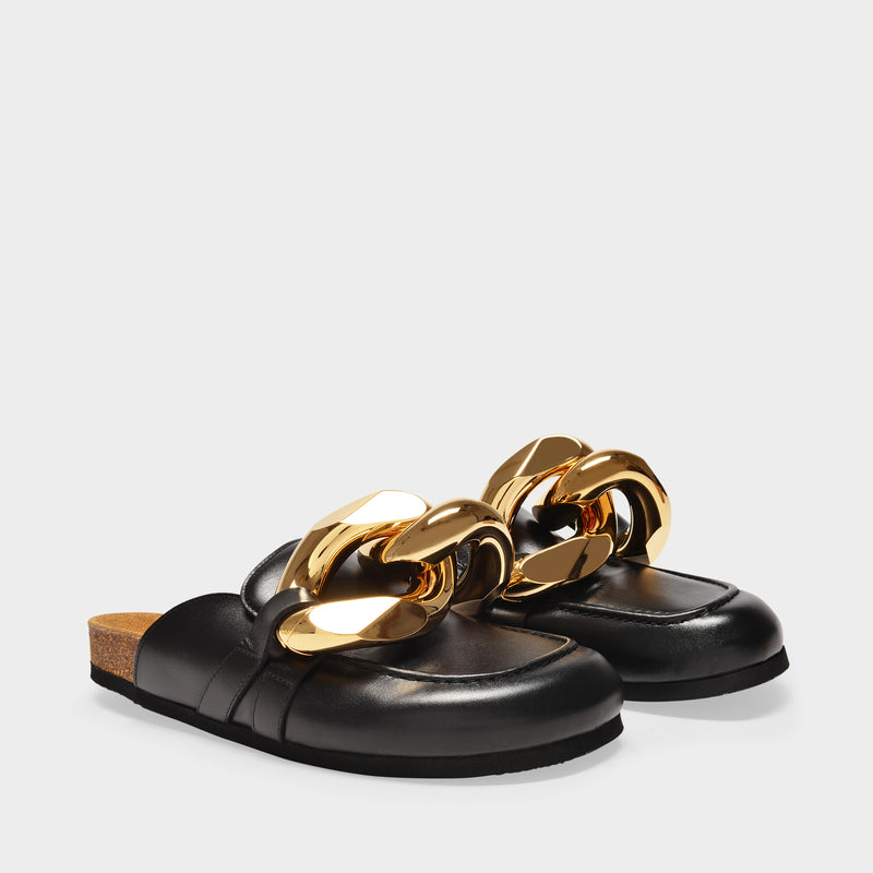 Chain Loafer Slides in Black Leather