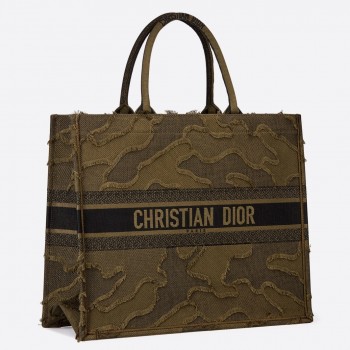 Dior Book Tote Bag In Green Camouflage Embroidered Canvas