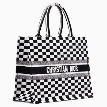 Dior Embroidered Book Tote In Checkered Canvas
