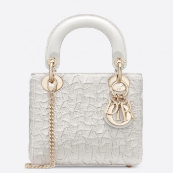 Dior Lady Dior Mini Chain Bag In White Wavy Crinkled Lambskin