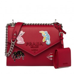 Prada Red Monochrome Flap Bag With Metal Appliques